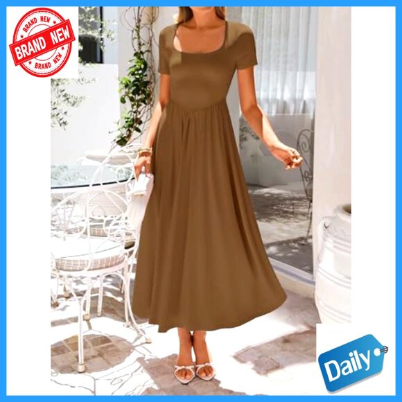 Elegant Square Neck Midi Dress Summer Cocktail Party Flowy Classy Retro - Picture 2 of 7